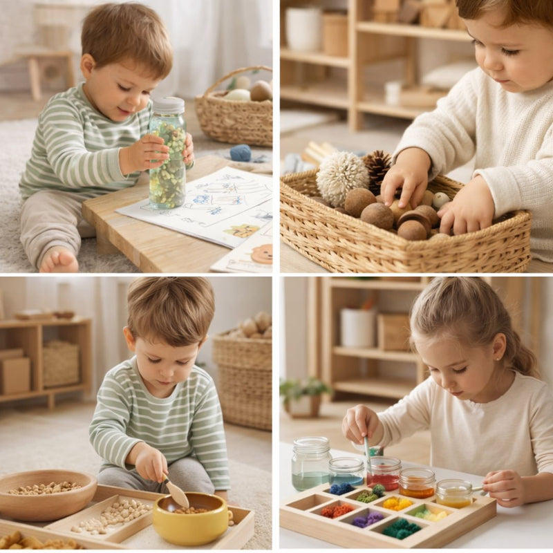 Des enfants transvasent, trient et manipulent des objets du quotidien